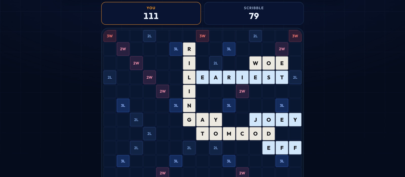 A Scrobble game in progress against the bot Scribble